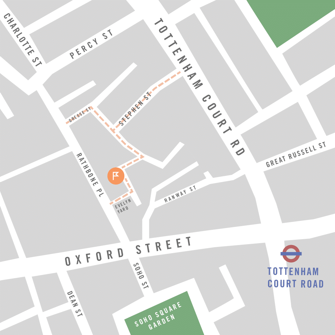 A map of Evelyn Yard, London, Soho - the offices of Creative Outpost